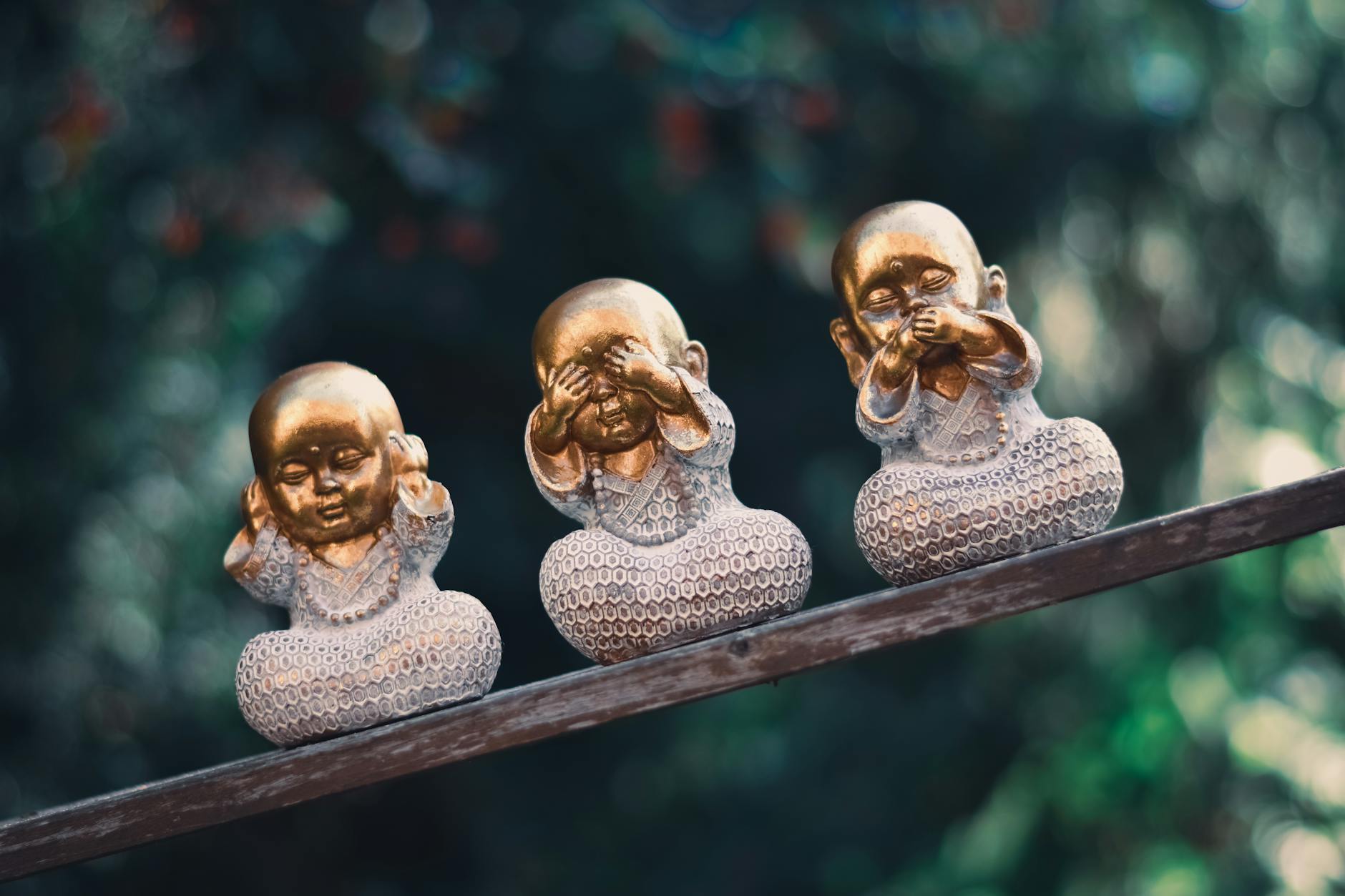 Gold Buddha Figurines on Brown Wooden Plank