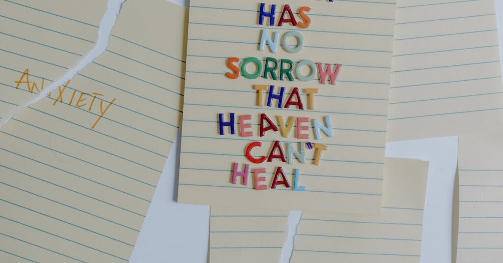 Torn papers with an uplifting quote emphasizing healing and overcoming anxiety and stress.