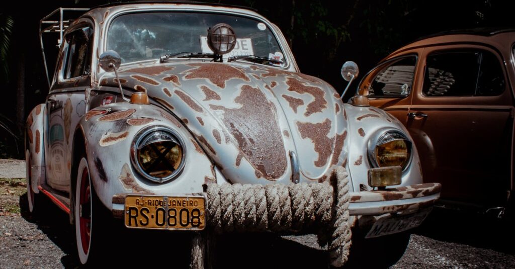 Rustic vintage Volkswagen with Rio de Janeiro plates parked outdoors.