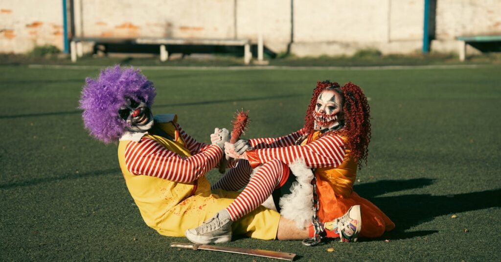 Two clowns in vibrant costumes and makeup playing on a soccer field in daylight.